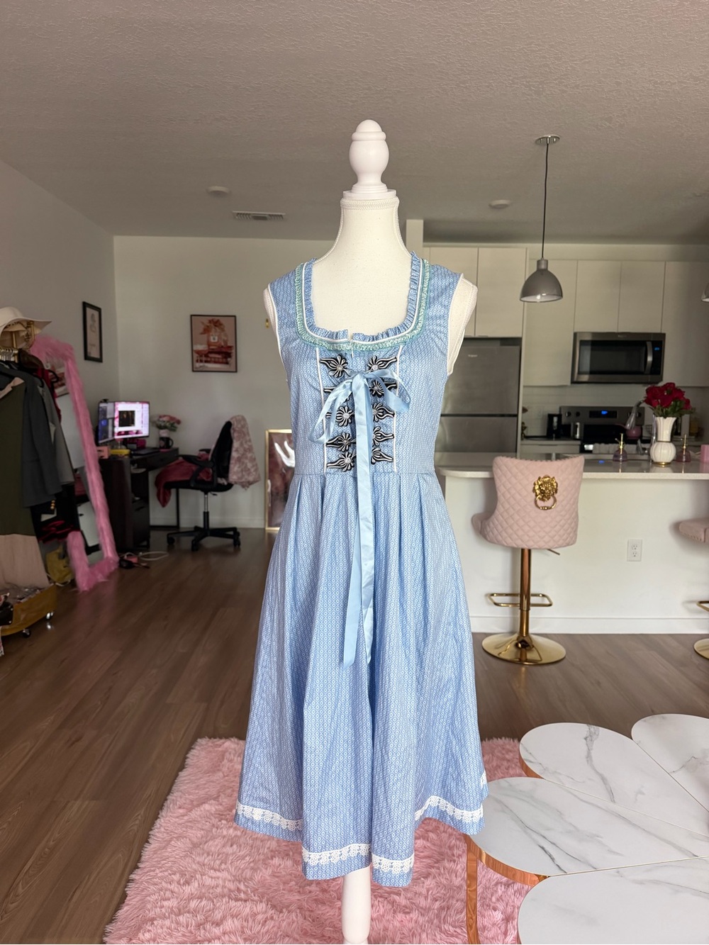 Blue and white striped German dirndl Oktoberfest dress with lace trim